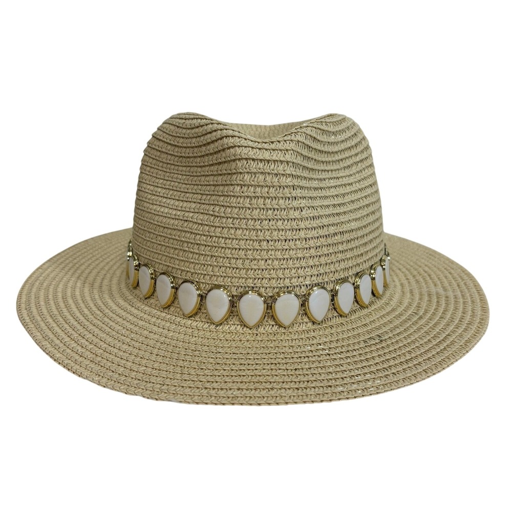 Summer Fedora Hat Womens Tan Straw Boho White Stone Embellished Sun Summer Beach